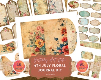 4th of July Junk Journal Kit USA Holiday Ephemera Patriotic Scrapbook Kit Independence Day Journaling Supplies Floral Fourth of July Pages