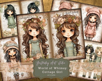 May include: Collage of digital illustrations featuring cute cartoon girls with different hairstyles and outfits. The girls are wearing floral crowns, hats, and sweaters. The background is a vintage book page with text and floral designs. The text at the bottom reads "Yesterday Art Studio World of Whimsy Cottage Girl printable".