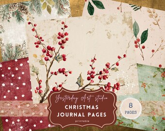 Könnte beinhalten: Eine Sammlung druckbarer Weihnachtstagebuchseiten mit Aquarellillustrationen von Stechbeeren, Kiefernzweigen und Tupfen. Die Seiten sind in verschiedenen Farben gehalten, darunter Rot, Grün und Creme. Der Text auf dem Bild lautet "Yesterday Art studio CHRISTMAS JOURNAL PAGES printable" und "8 PAGES".
