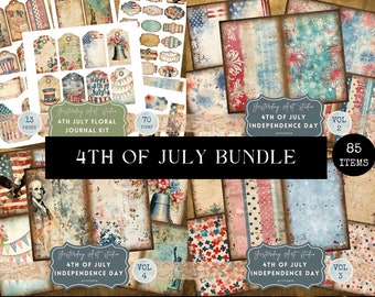 4th of July Junk Journal BUNDLE USA Holiday Ephemera Patriotic Scrapbook Kit Independence Day Journaling Supplies Floral Fourth of July Page