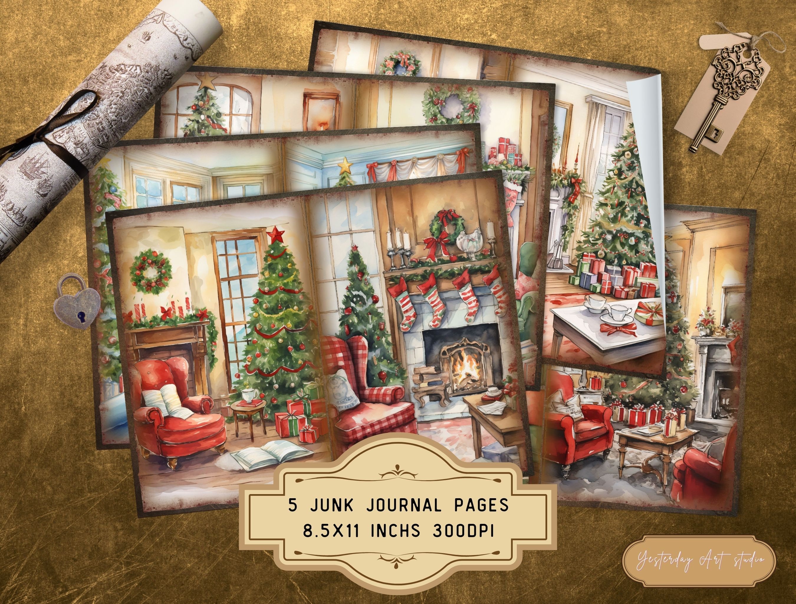 Christmas Living Room Junk Journal Pages Ephemera Digital Scrapbook ...