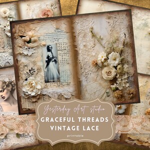 Vintage Lace Junk Journal Pages Digital Scrapbook Paper Kit Vintage Ephemera Collage Inkt en Lace Vintage Pages Junk Journal Kits Lace J0134