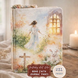 Puede incluir: Un diario con una ilustración en acuarela de una mujer con un vestido blanco caminando hacia una ventana de iglesia, un cordero y una cruz de madera. El diario tiene los textos "Yesterday Art Studio", "BOHO FAITH JOURNAL PAGES", y "231 PAGES".