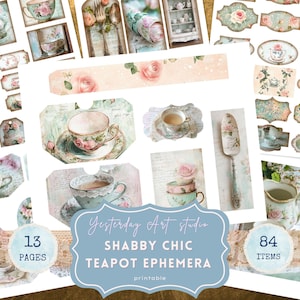 Shabby Chic Floral Teapot Junk Journal Kit Tea Journal Printable Pages Teacup Floral Ephemera Vintage Shabby Chic in Pink Digital Paper
