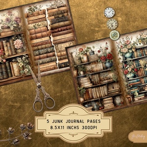 Vintage Library Junk Journal Pages Ephemera Digital Scrapbook Paper Kit ...