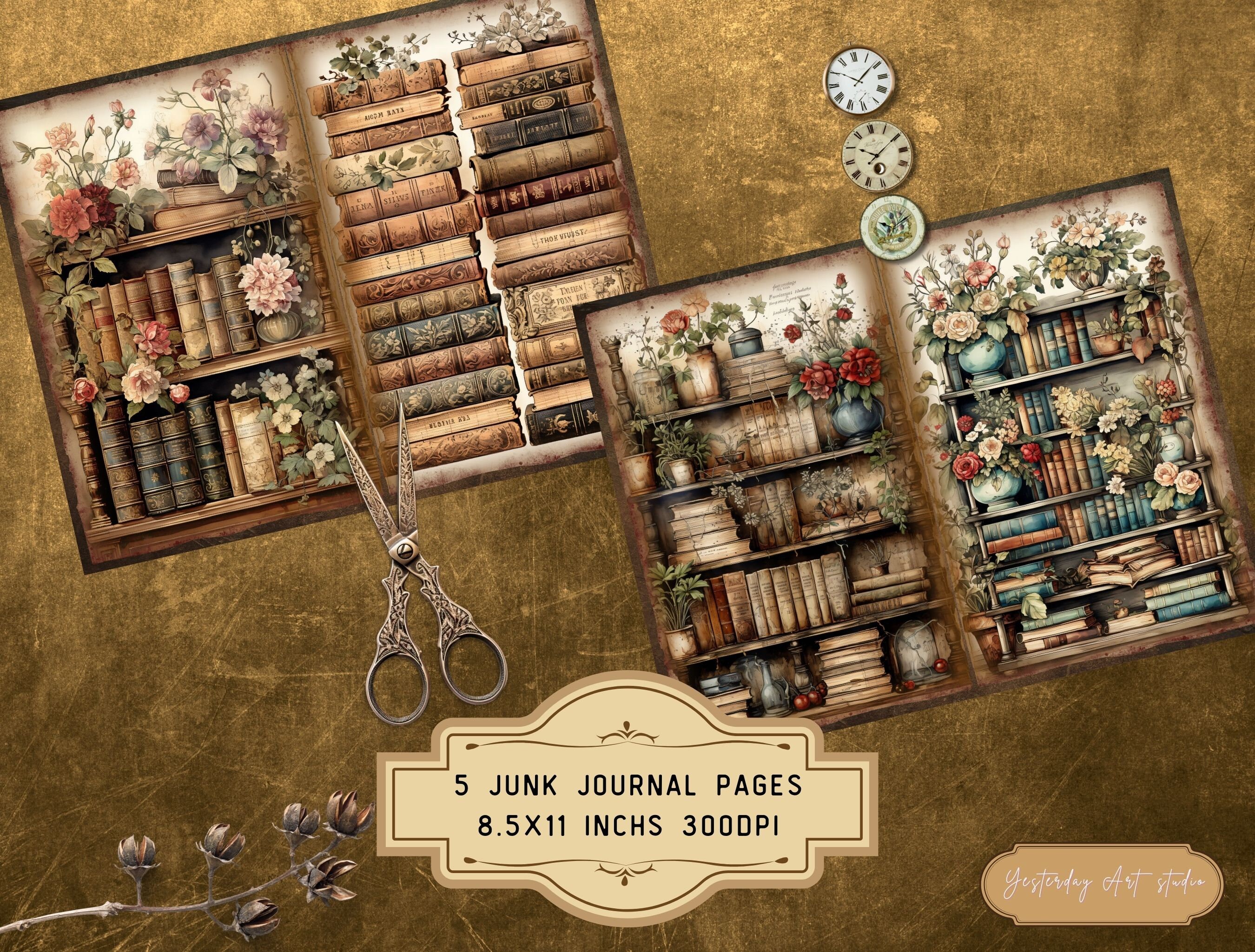 Vintage Library Junk Journal Pages Ephemera Digital Scrapbook Paper Kit ...