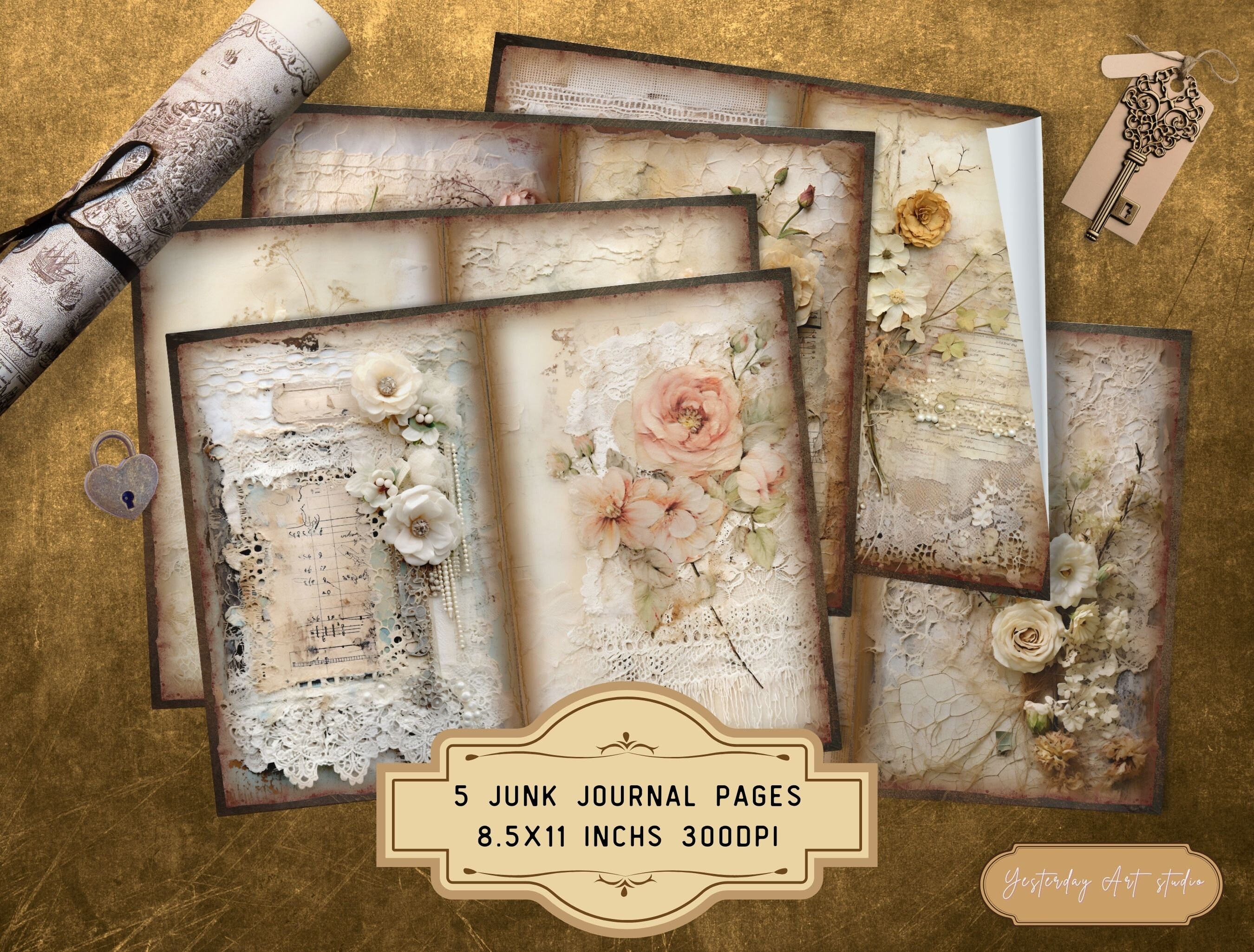 Vintage Lace Junk Journal Pages Digital Scrapbook Paper Kit Vintage ...
