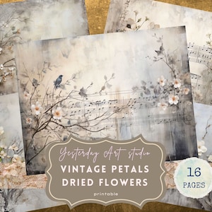 Página de diário de lixo de flores secas, fundo neutro para diários de lixo, efêmeras, scrapbook digital, plantas secas, kit de diário de lixo, eco tingido