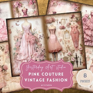 Roze Fashion Junk Journal-pagina's Ephemera Digital Scrapbook Paper Kit Collage Fashion Runway Junk Journal Kit Pink Chic couture-dagboekpagina's