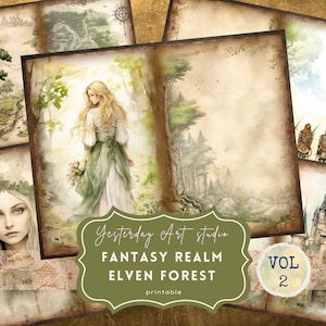 Elven Forest Junk Journal Pages Digital Scrapbook Paper Kit Vintage Forest Neutrals Ephemera Collage Fantasy Elven Kingdom junk journal kits