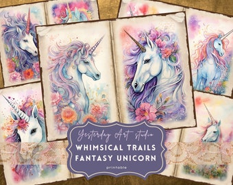 Fantasy unicorn Junk Journal Pages Ephemera Digital Scrapbook Paper Kit Collage magical unicorn Junk Journal Kits mythical unicorn paper