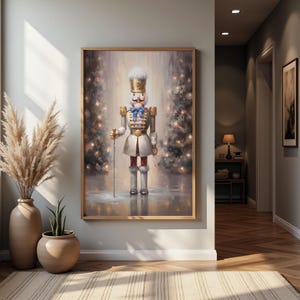 May include: A painting of a nutcracker standing in a snowy forest. The nutcracker is wearing a blue and red uniform with gold accents. He is holding a staff in his right hand. The background is a snowy forest with trees and snow on the ground.
