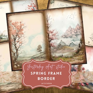 May include: Printable spring frame border with a watercolor design featuring pink cherry blossoms, mountains, and a river. The border is labeled "Yesterday Art Studio Spring Frame Border printable".