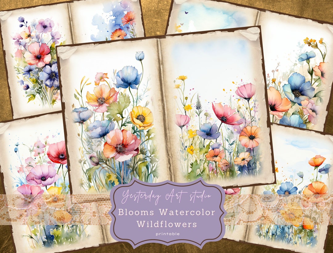 Watercolor Wildflowers Junk Journal Papers Digital Scrapbook Paper Kit ...