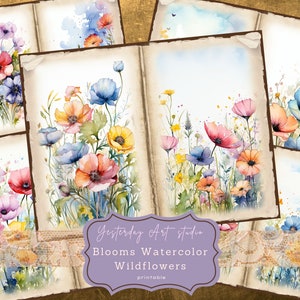 Watercolor Wildflowers Junk Journal Papers Digital Scrapbook Paper Kit Vintage Ephemera Collage Wildflower Junk Journal Kit Watercolor