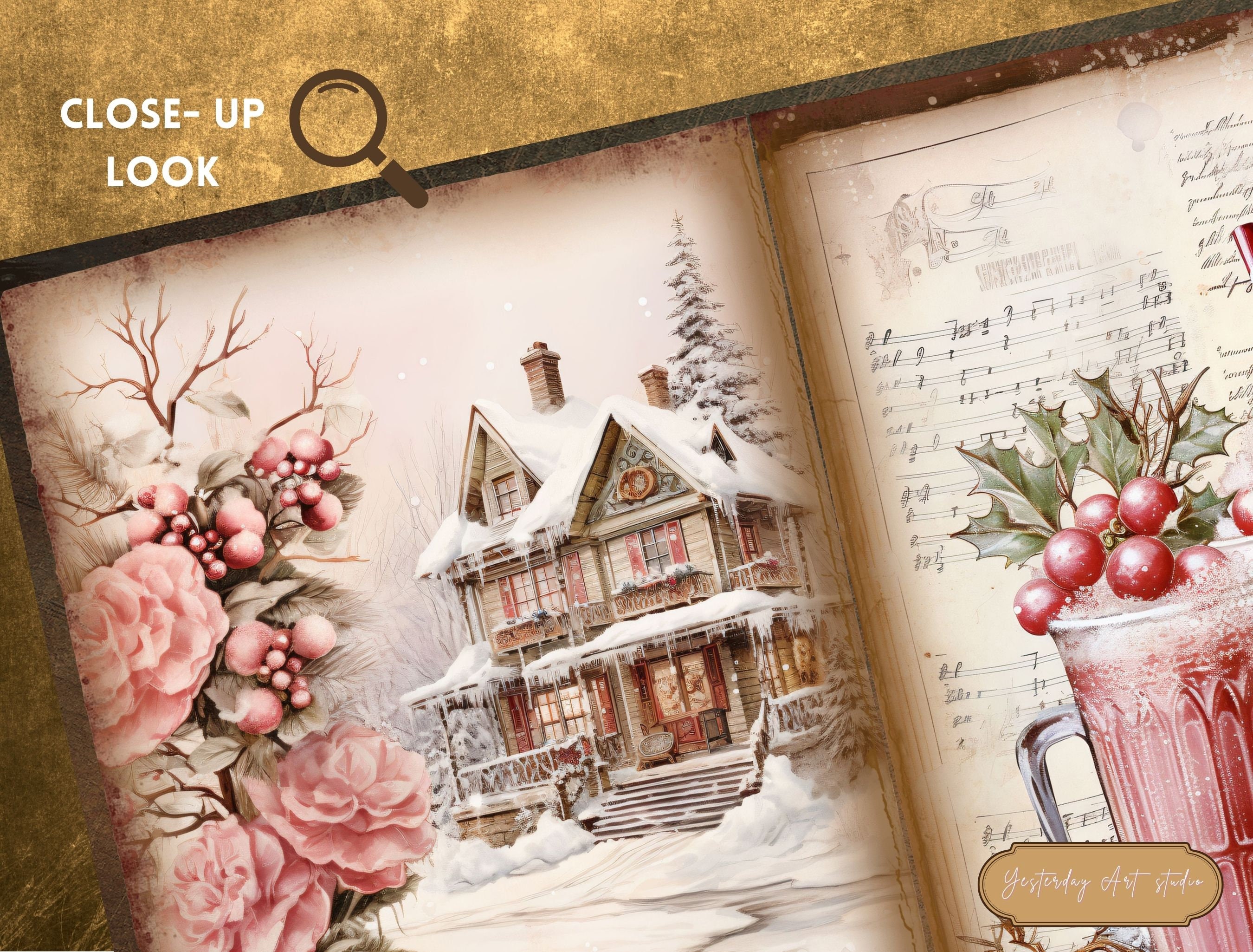 Pink Christmas Junk Journal Pages Ephemera Digital Scrapbook Paper Kit ...