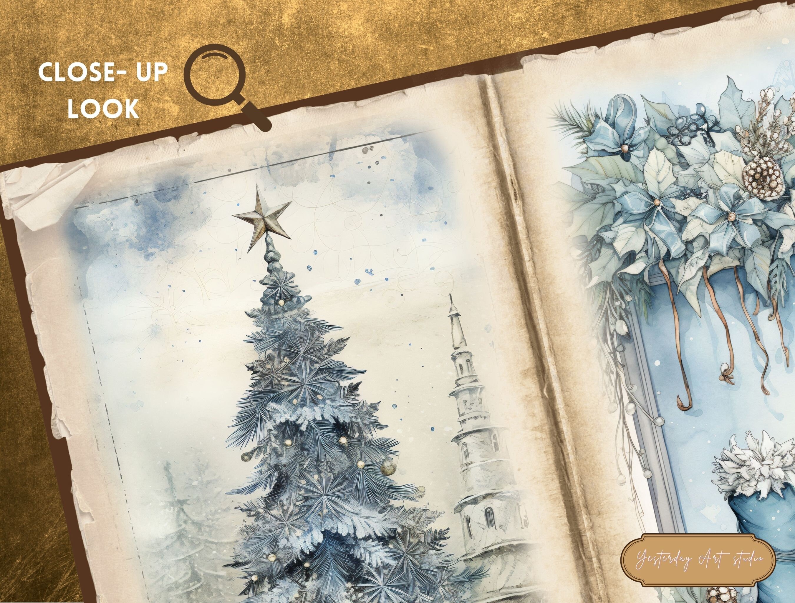 Blue Christmas Junk Journal Pages Digital Scrapbook Paper Kit Vintage ...
