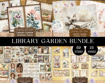 May include: A digital scrapbooking kit with 89 items and 25 pages featuring a library garden theme. The kit includes images of books, flowers, a cat, and a bird. The text "Yesterday Art Studio Library Garden Journal Pages" is included on the pages.