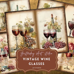 Peut inclure: Feuille de collage num&eacute;rique de verres &agrave; vin vintage avec des images de verres &agrave; vin, de raisins et de fleurs. La feuille est intitul&eacute;e "Yesterday Art studio Vintage Wine Glasses printable".