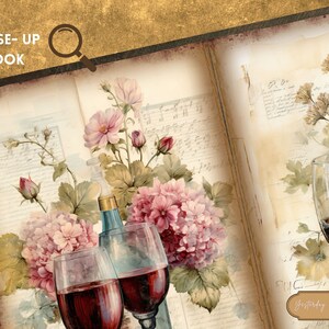 Peut inclure: Deux verres de vin rouge avec une bouteille de vin en arri&egrave;re-plan. Les verres sont sur une table avec un arrangement floral de fleurs roses et de feuilles vertes. L'arri&egrave;re-plan est un livre vintage avec des notes manuscrites et de la musique.