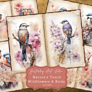 Aquarel wilde bloemen ongewenste Journal afdrukbare papieren digitale scrapbook papier Kit Vintage Ephemera collage blad vogel ongewenste dagboekpagina's