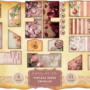 Folio tríptico con paquetes de semillas vintage, efímera botánica imprimible, papel de álbum de recortes con flores antiguas, papel de jardinería rústico imprimible para jardín