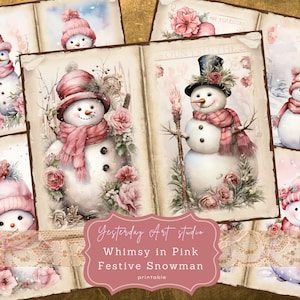Rosa Weihnachten Junk Journal Seiten Ephemera Digital Scrapbook Papier Kit Collage Rosa Weihnachten Schneemann Junk Journal Kit Rosa Festlicher Schneemann