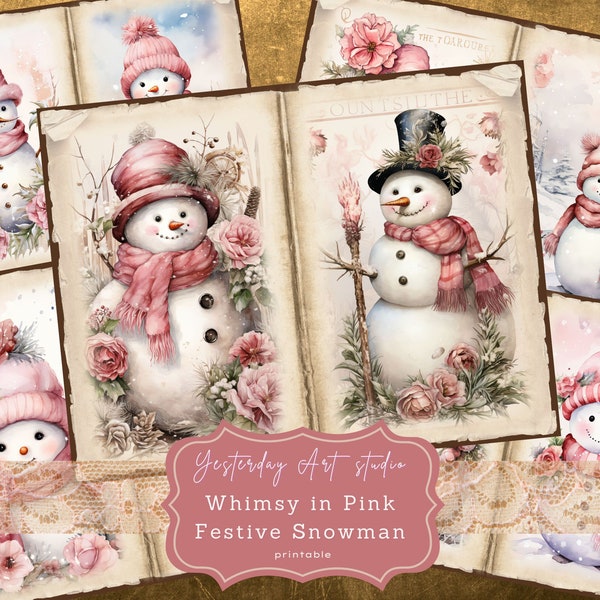 Pink Christmas Junk Journal Pages Ephemera Digital Scrapbook Paper Kit Collage Pink Christmas Snowman Junk Journal Kit Pink Festive Snowman