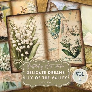 Kit de carnet de notes imprimable fleurs de lys muguet, kit folio de fleurs éphémères de lys des montagnes printanières, kit folio de fleurs vintage pour Scrapbooking