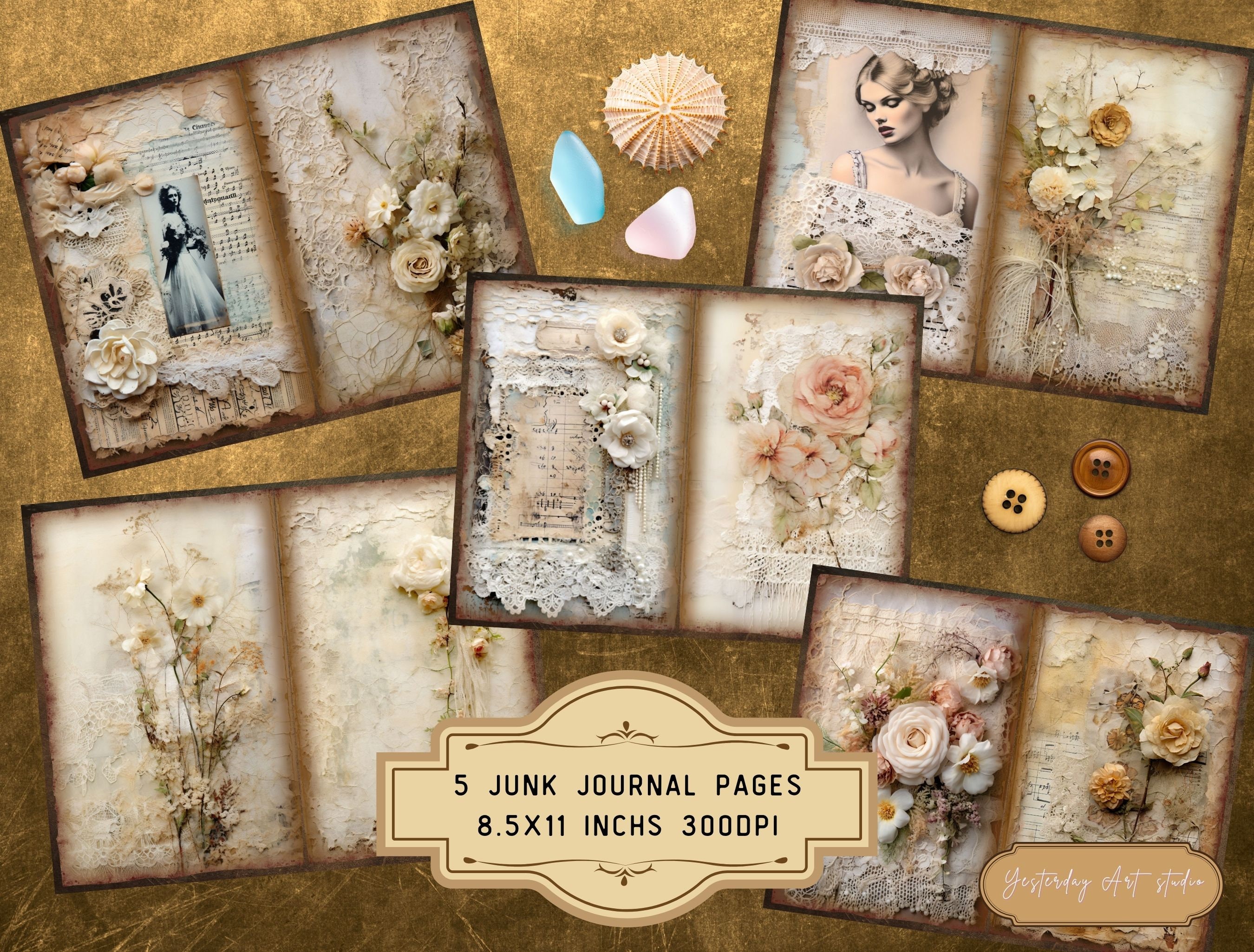 Vintage Lace Junk Journal Pages Digital Scrapbook Paper Kit Vintage ...