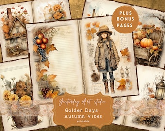 Herfst ongewenste dagboekpagina's digitale plakboekkit vintage kortstondige afdrukbaar papier collageblad dagboek benodigdheden Autumn Vibes-dagboek