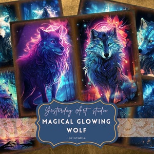 Magical Glowing Wolf Journal Pages Printable Ephemera Digital Scrapbook Wolf Paper Kit Collage Glowing Wolf Journal Kit Mystical Wolf paper