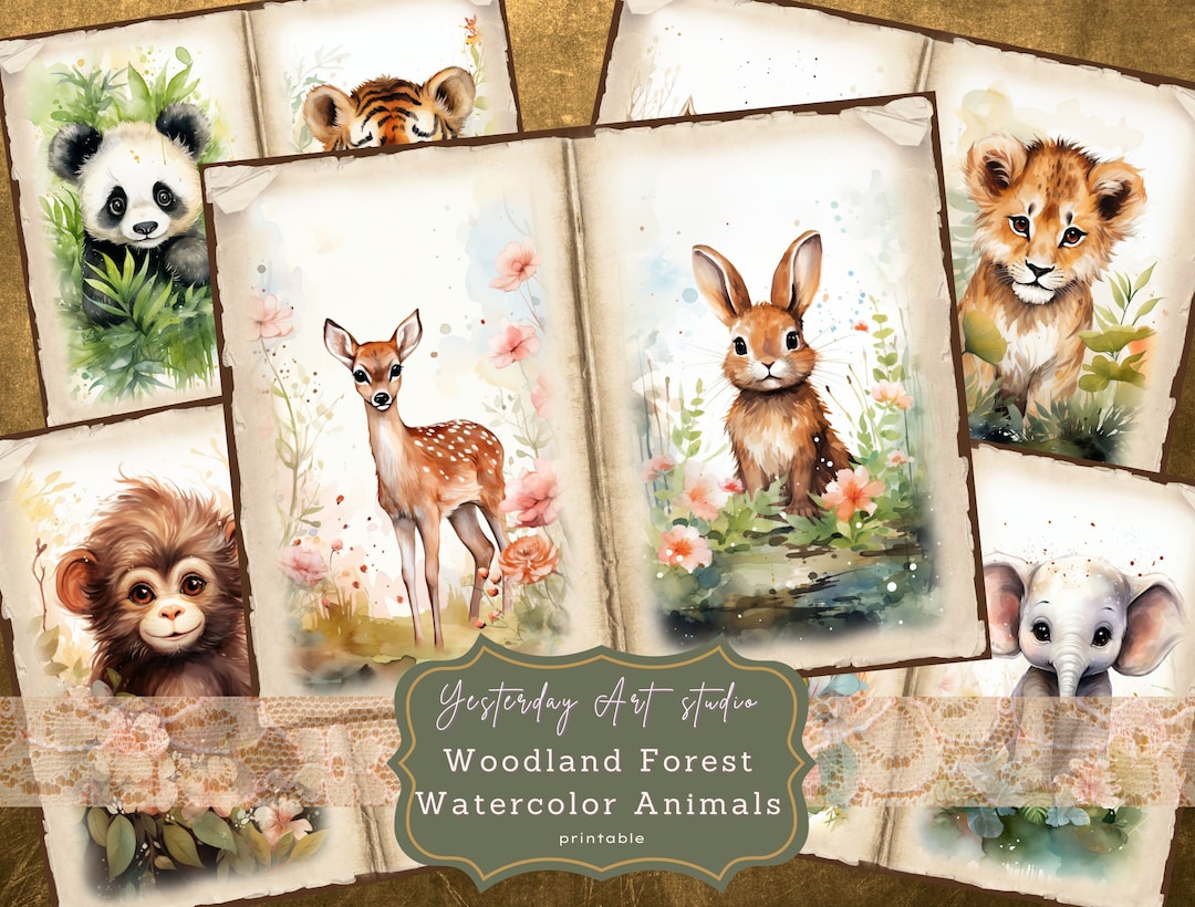 Watercolor Forest Animal Junk Journal Pages Ephemera Digital Scrapbook ...