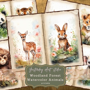 Watercolor Forest Animal Junk Journal Pages Ephemera Digital Scrapbook Paper Kit Collage Watercolor Junk Journal Kit Woodland junk journal