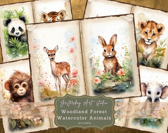 Watercolor Forest Animal Junk Journal Pages Ephemera Digital Scrapbook Paper Kit Collage Watercolor Junk Journal Kit Woodland junk journal