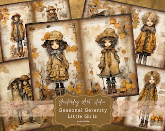 Seasonal Serenity Autumn Little Girls Junk Journal Pages Digital Scrapbook Paper Kit Vintage Ephemera Printable Paper Collage Sheet Journal
