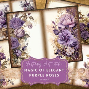Elegante rose viola Junk Journal Pagina Ephemera Scrapbook digitale Rosa viola Kit di carta Collage Rose viola Junk Journal Kit Rose carta