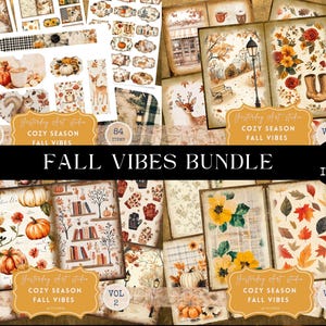 May include: A digital collage sheet bundle with 99 items featuring autumn-themed illustrations. The illustrations include pumpkins, leaves, books, deer, and other autumnal elements. The bundle is titled "Fall Vibes Bundle" and includes two volumes.