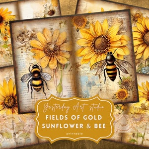 Sunflower and Bee Junk Journal Pages Digital Scrapbook Paper Kit Vintage Ephemera Printable Paper Collage Sheet Journal Supplies Buzz paper