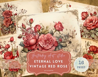 ヴィンテージの赤いバラ、ダブルジャンクジャーナルのデジタルページ