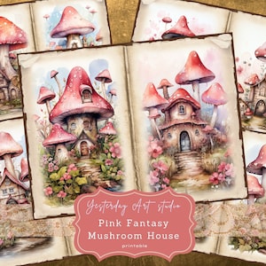 Strony dziennika śmieci Mushroom House Ephemera Cyfrowy album do scrapbookingu Zestaw papieru Mushroom House Kolaż Różowa fantazja Zestawy dzienników śmieci Mushroom House