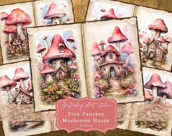Mushroom House Junk Journal Pages Ephemera Digital Scrapbook Mushroom House Paper Kit Collage Pink Fantasy Mushroom House Junk Journal Kits