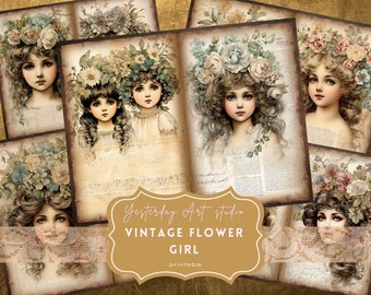 May include: Digital collage sheet with vintage illustrations of girls wearing flower crowns. The sheet is titled "Yesterday Art Studio Vintage Flower Girl Printable".