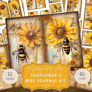 Sunflower and Bee Junk Journal Kit Honey Bee Vintage DIY Digital Insert Folio Junk Journal Supplies Yellow Fussy Cuts Bee Ephemera Bundle