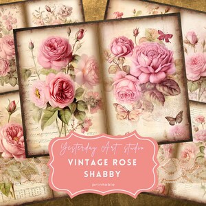 Vintage Rose Shabby Junk Journal Pages Ephemera Digital Scrapbook Paper Kit Collage Shabby Rose Junk Journal Kits Pink Floral Romance paper
