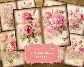 Vintage Rose Shabby Junk Journal-sidor Ephemera Digital Scrapbook Paper Kit Collage Shabby Rose Junk Journal Kits Rosa Blommigt Romantikpapper
