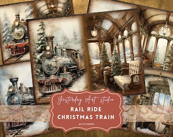 Christmas Junk Journal Pagers Ephemera Digital Scrapbook Paper Kit Collage Vintage Christmas Train Junk Journal Kit Festive Train papers