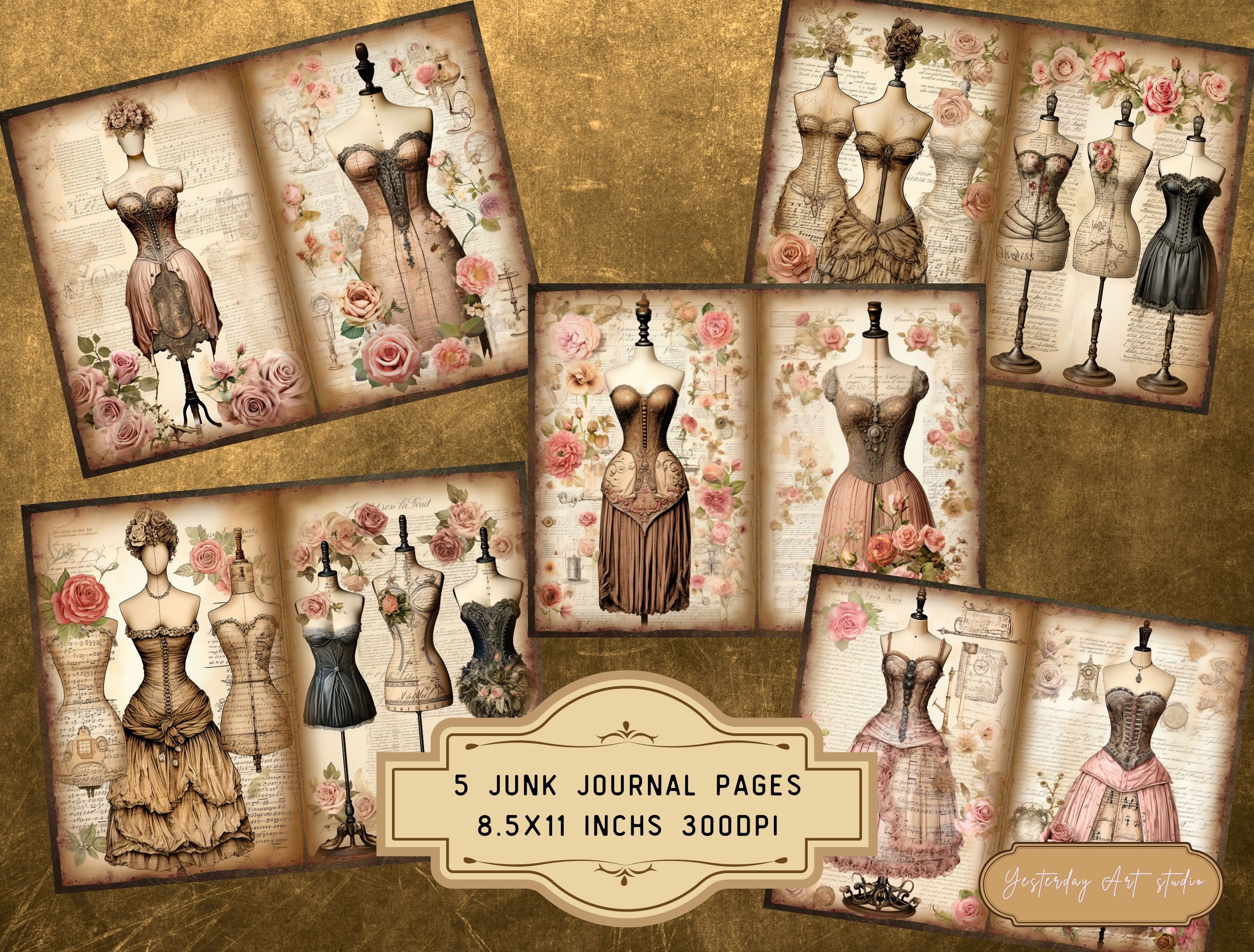 Vintage Dress Junk Journal Pages Digital Scrapbook Paper Kit Vintage ...