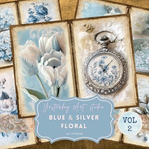 Dreamy Vintage Floral Junk Journal Kit Blue and Silver Flowers Ephemera Shabby Chic Junk Journal Pages Dusty Blue Floral Scrapbooking Supply