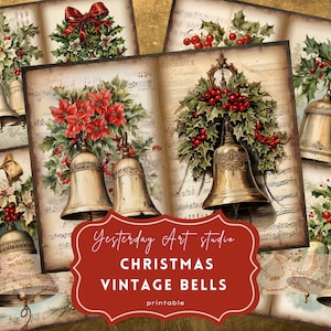 Vintage Christmas Bell Junk Journal Pages éphémères Scrapbook numérique Kit de papier de Noël Collage Kits de journal indésirable de Noël Cloche festive
